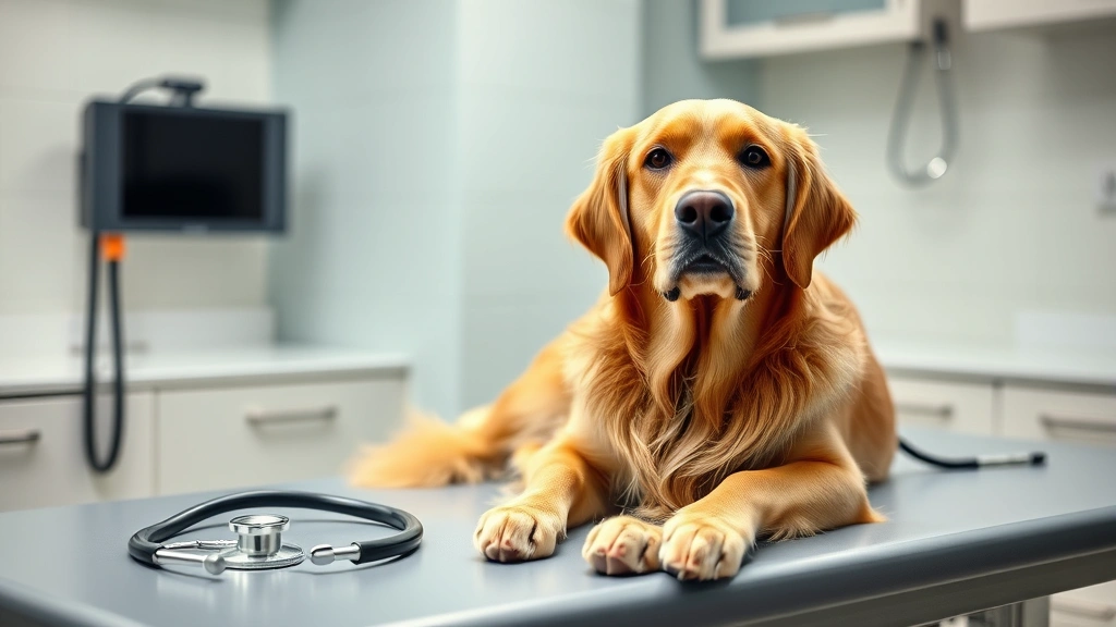 Golden retriever sitting calmly on veterinary examination table with stethoscope nearby, clinical veterinary setting with soft lighting