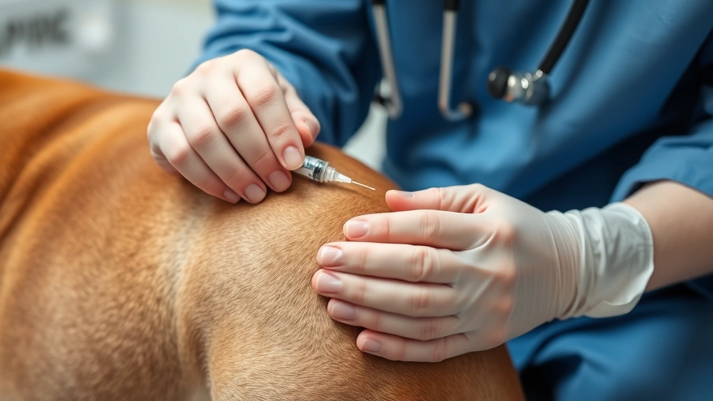 Close-up of veterinarian's hands administering injection to dog's shoulder, professional medical environment, gentle and reassuring scene