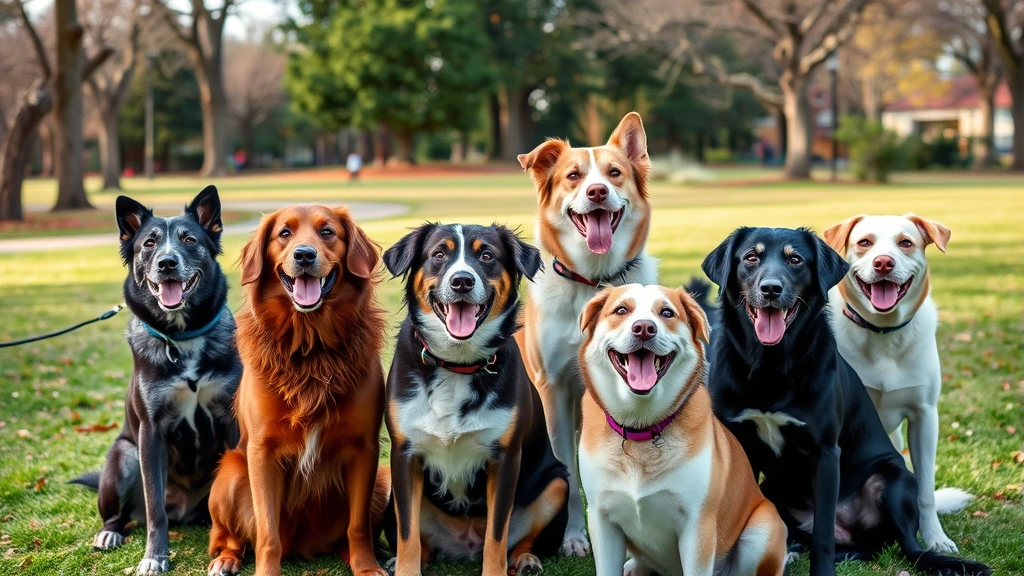 Multiple dogs of different breeds sitting together outdoors in park, healthy and happy, natural daylight, protective and community-focused atmosphere