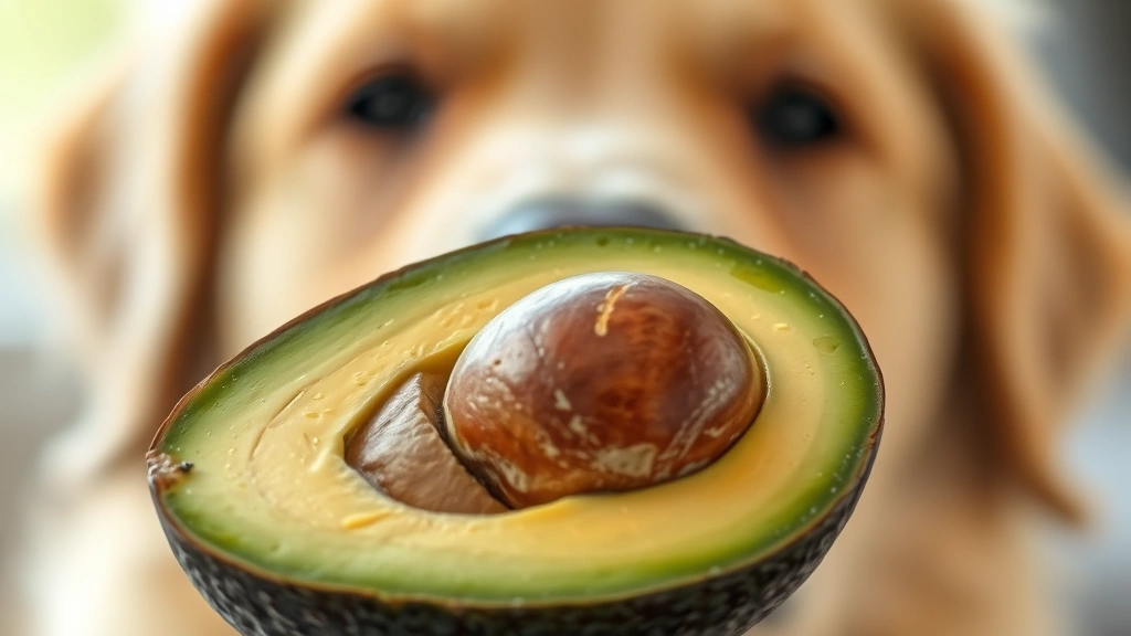 Close-up of a whole avocado cut in half showing the pit and green flesh, with a golden retriever's nose visible in soft focus behind it, natural lighting