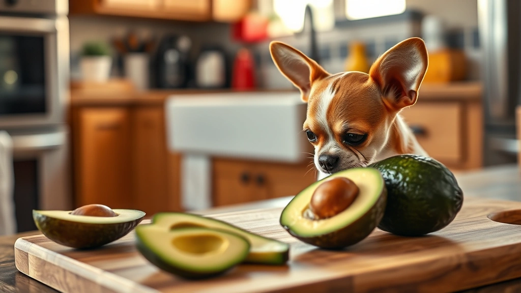 A small chihuahua looking at a sliced avocado on a wooden cutting board, concerned expression, kitchen background with warm sunlight