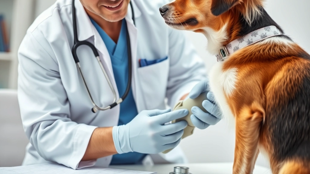 Veterinarian examining a dog's abdomen during a checkup, stethoscope visible, clinical setting with soft professional lighting, caring interaction