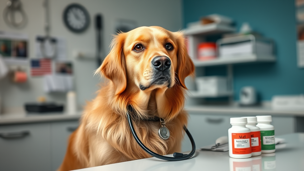 Golden retriever dog with veterinarian in clinic examination room, stethoscope and medicine bottles on table, no text no words no letters
