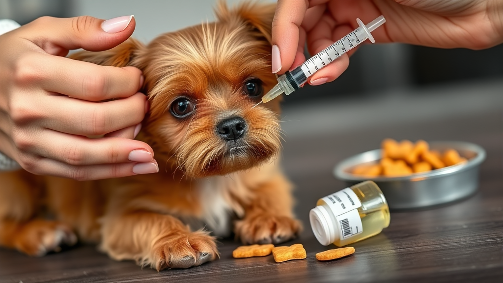 Close up hands measuring liquid medicine with syringe for small brown dog, medication bottle and treats nearby, no text no words no letters