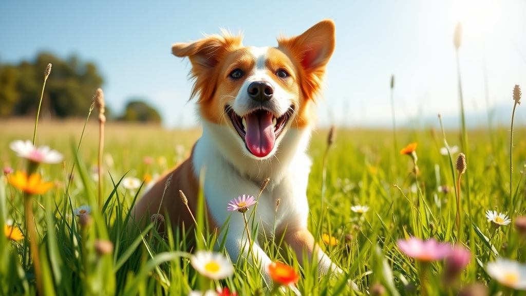 Happy healthy dog playing in grass field with flowers, bright sunny day representing allergy relief, no text no words no letters