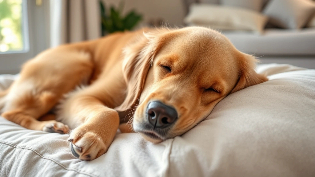 Golden Retriever lying peacefully on a soft bed, appearing calm and relaxed, natural indoor lighting from a window, cozy home setting