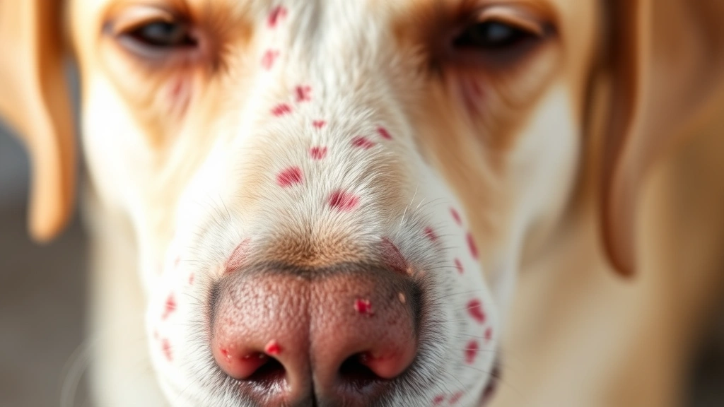Close-up of a dog's face showing redness and irritation around the eyes and muzzle, indicating allergic reaction, natural daylight