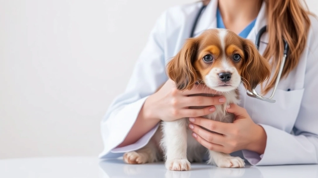 Veterinarian in white coat holding a small brown and white dog on examination table, stethoscope visible, bright clinical setting