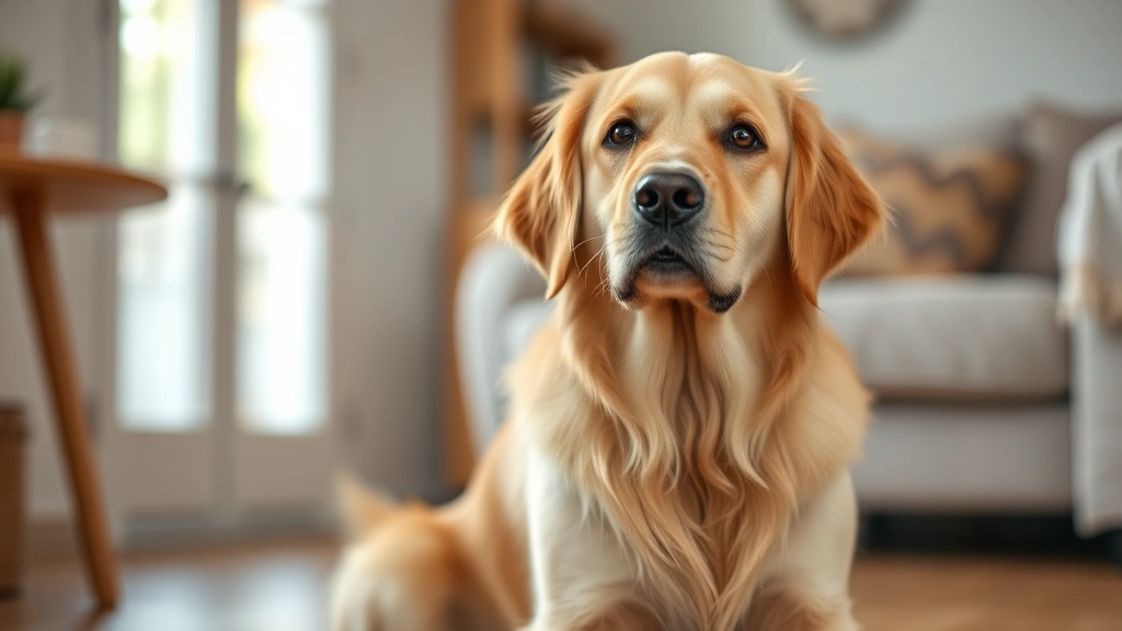 Golden Retriever sitting attentively with a gentle expression, looking directly at camera, soft natural lighting, indoor home setting, calm and trustworthy demeanor