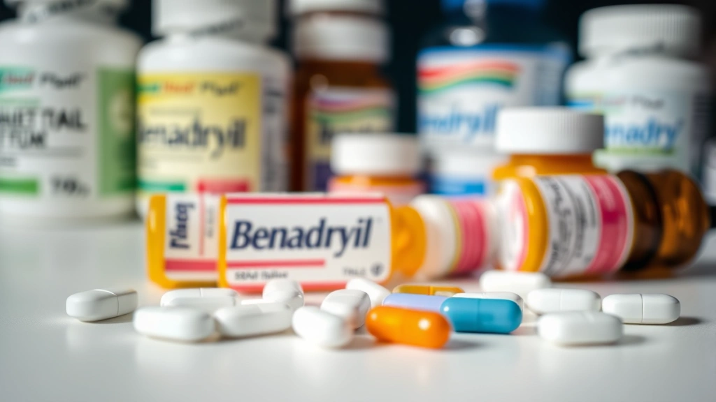 Close-up of various Benadryl tablets and capsules arranged neatly on a white surface, medication bottles blurred in background, professional pharmaceutical display