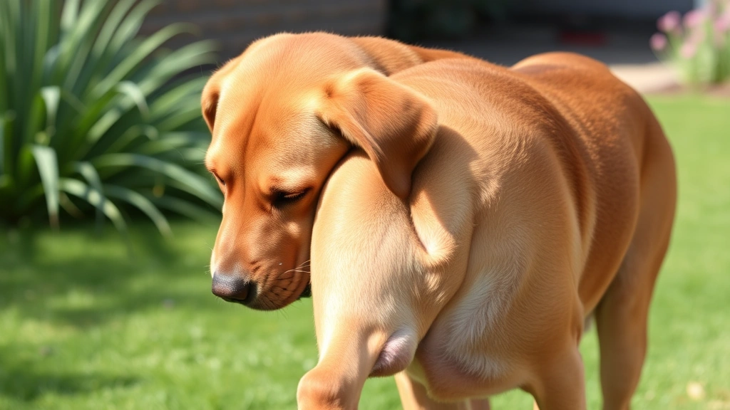 Labrador Retriever scratching behind ear with hind leg, outdoor garden setting with green grass, showing mild discomfort and itching behavior, natural daylight