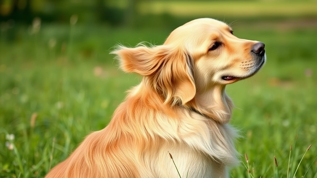 Golden Retriever scratching behind ear with paw, sitting outdoors in grass, showing signs of allergies or discomfort, natural daylight
