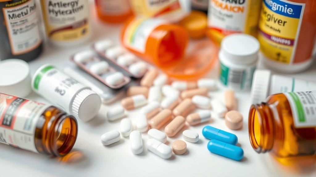 Close-up of various medication bottles and tablets on white surface, including antihistamines and allergy medications, professional pharmaceutical display