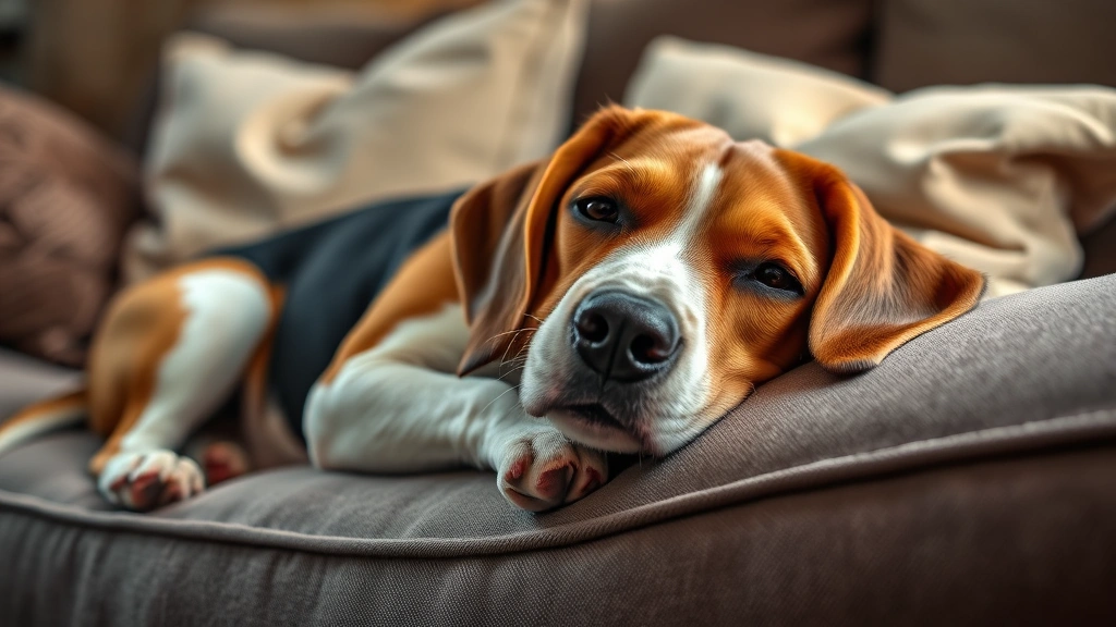 Beagle lying down on couch looking drowsy and relaxed, soft home lighting, comfortable indoor setting with cushions