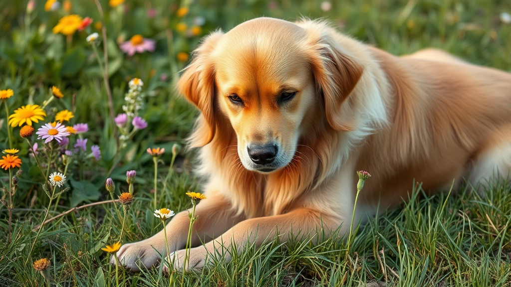 Golden retriever dog with seasonal allergies scratching outdoors among flowers and grass no text no words no letters