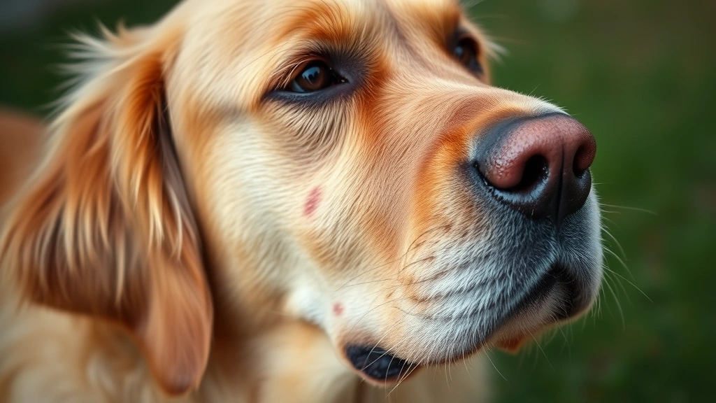 Close-up of a golden retriever looking uncomfortable while scratching its ear due to allergies, showing distressed expression and red irritated skin area