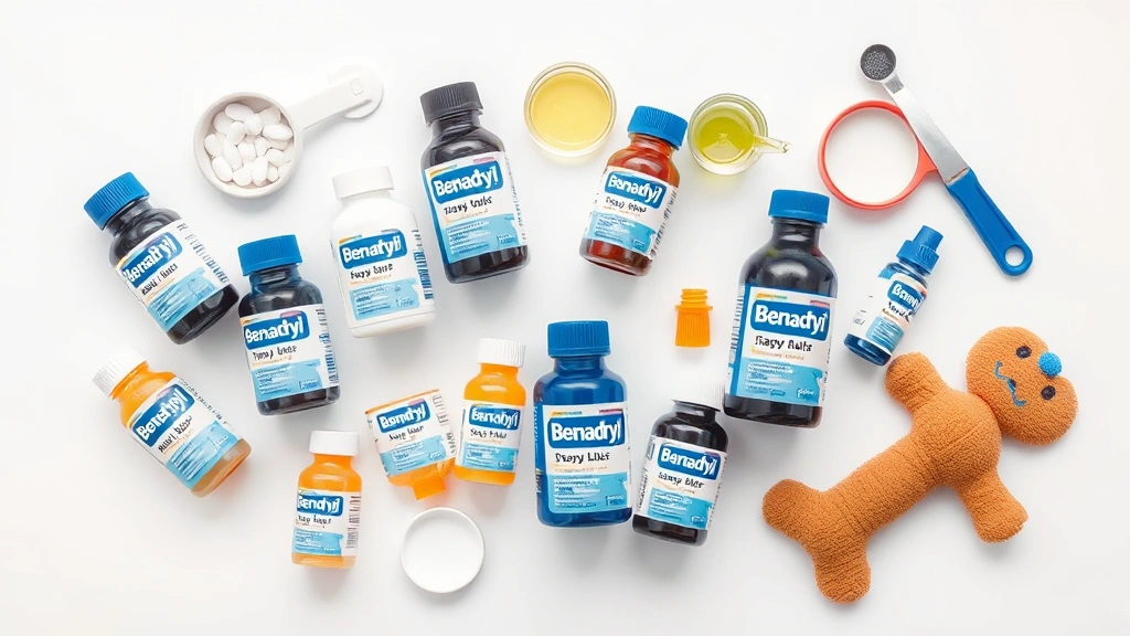 Overhead flat lay of various Benadryl tablet bottles, liquid formulations, and measuring tools arranged neatly on a white surface with a dog toy nearby