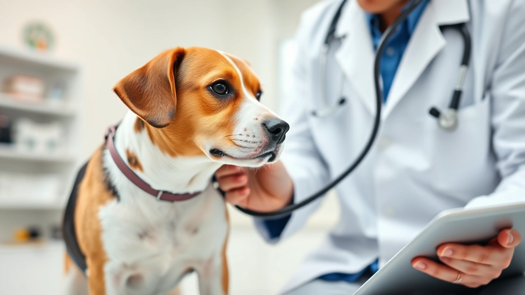 A veterinarian in white coat examining a medium-sized beagle with a stethoscope, showing professional medical consultation in a bright clinic setting