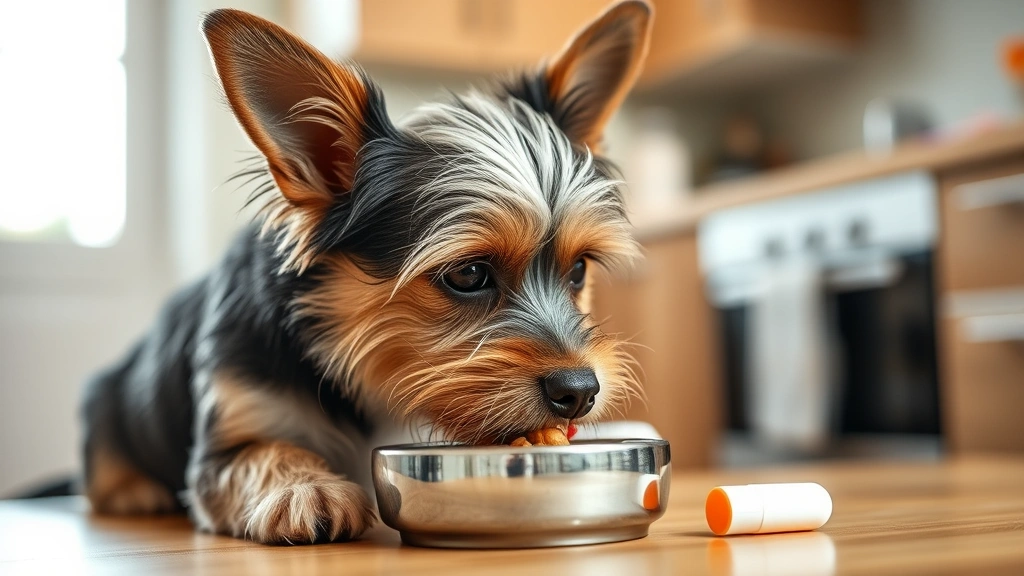 Small terrier dog happily eating food from bowl with medication tablet nearby, warm kitchen lighting, healthy appetite demonstration