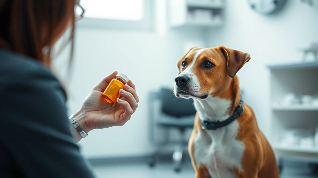 Brown and white dog sitting attentively while owner holds pill bottle, soft indoor lighting, calm veterinary setting atmosphere