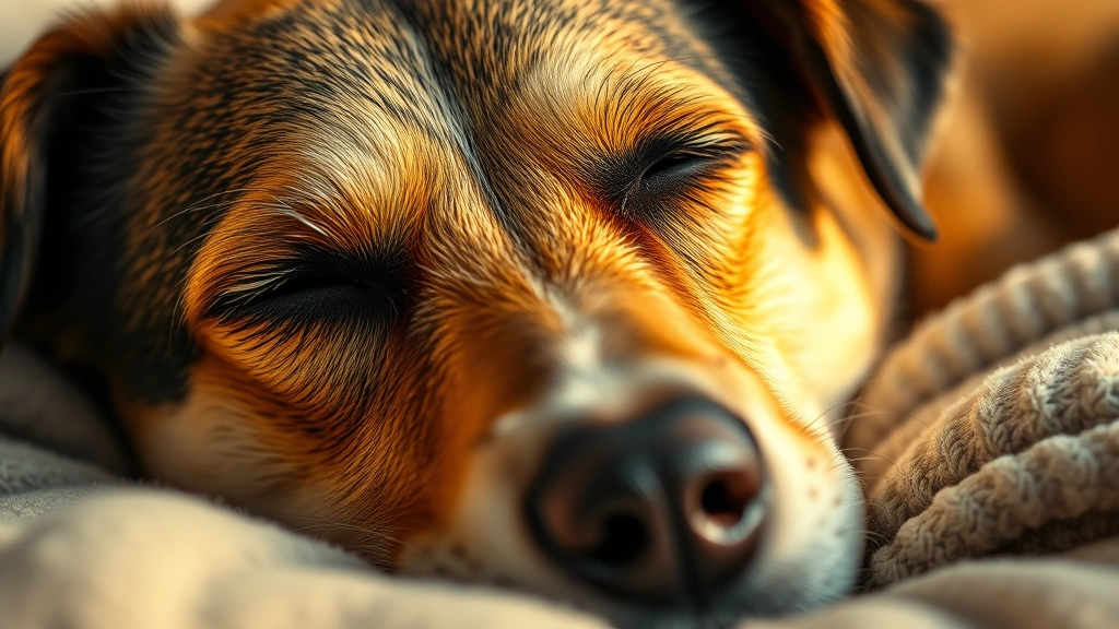Close-up of dog's face with calm, peaceful expression, eyes closed, resting comfortably on soft bedding, warm lighting