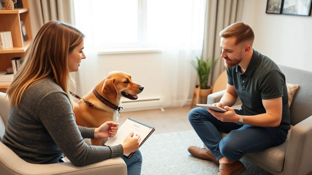 Dog trainer documenting progress notes after a behavioral consultation session with a client and their anxious rescue dog in consultation room