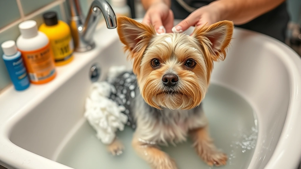 Dog groomer bathing and shampooing a small terrier under warm water in a professional grooming sink with high-quality grooming supplies visible