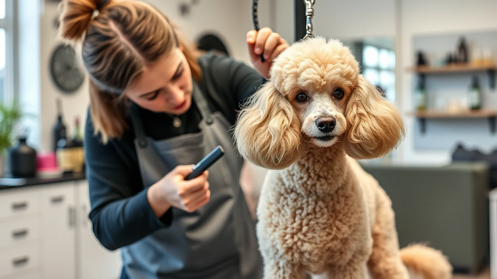 Experienced groomer styling a poodle with precision, using comb and scissors to create an elaborate breed-standard cut in a well-lit salon