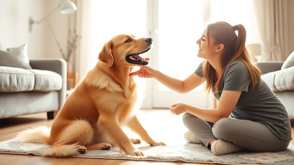Professional dog sitter sitting on living room floor playing with happy golden retriever, natural sunlight through window, warm home environment
