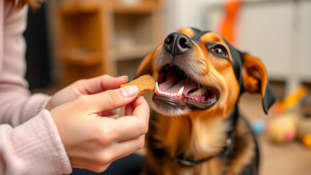 Close-up of dog sitter's hands holding small dog treat while smiling dog looks up with excitement, indoor setting with toys visible