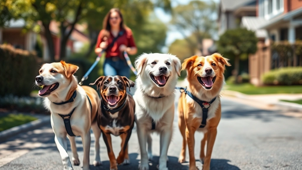 Dog sitter walking three different breeds together on suburban street, sunny day, dogs on leashes looking content and happy