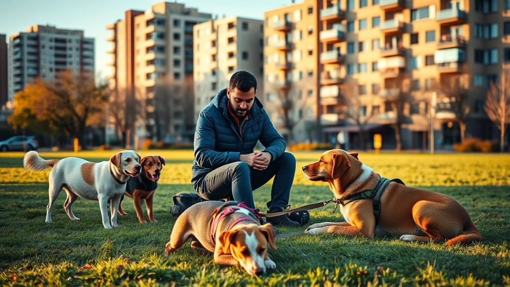 Dog walker sitting on grass during rest break with playful dogs around, urban buildings in background, warm afternoon lighting