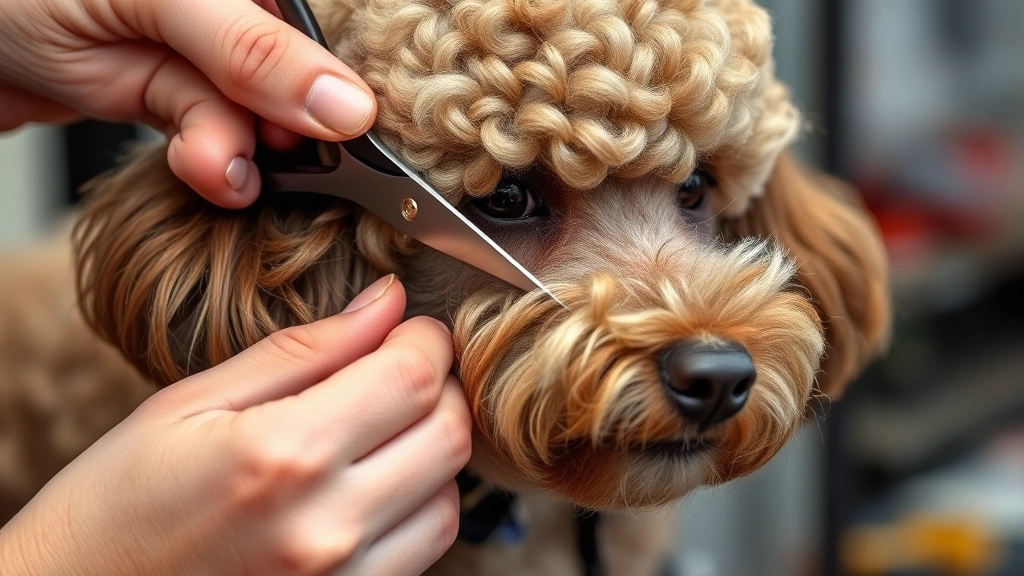 Close-up of groomer's hands carefully trimming a poodle's curly coat with professional scissors, focused detail work showing skilled technique and precision
