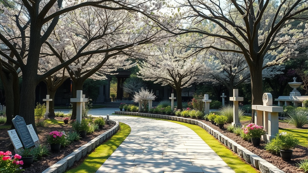 Peaceful memorial garden with stone pathway and flowering trees, soft sunlight filtering through branches, no text no words no letters