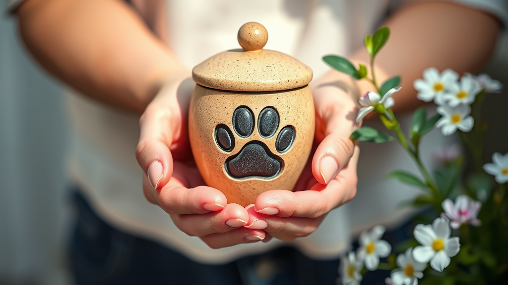 Gentle hands holding small decorative urn with paw print design, soft natural lighting and flowers nearby, no text no words no letters