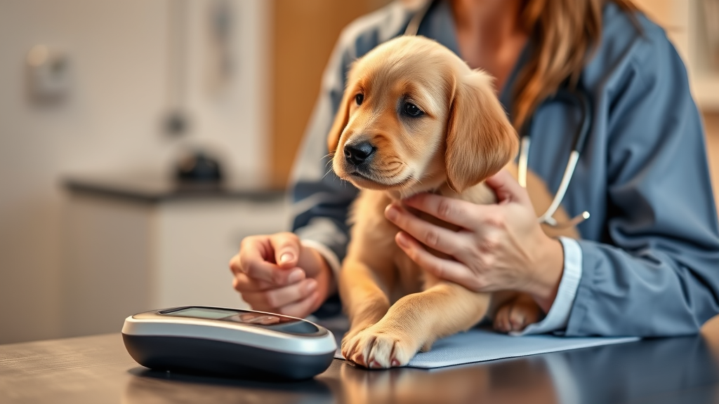 Veterinarian gently holding small golden retriever puppy, microchip scanner device on examination table, warm clinic lighting, professional medical setting, no text no words no letters