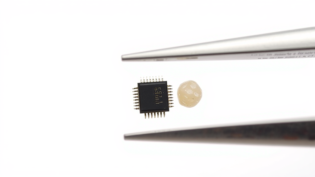 Close up of tiny microchip next to grain of rice showing size comparison, medical tweezers, sterile white background, veterinary equipment, no text no words no letters