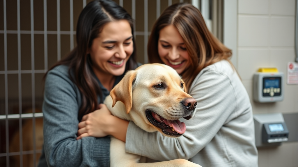 Happy family reuniting with lost labrador dog at animal shelter, emotional embrace, scanner device visible, shelter background, joyful reunion scene, no text no words no letters