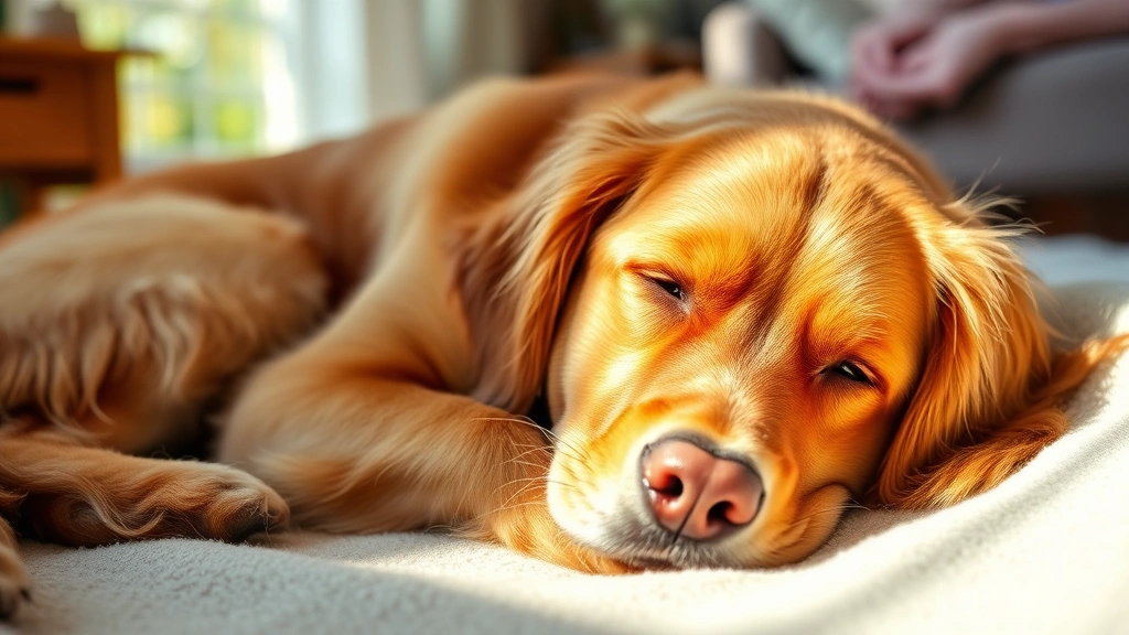 Elderly golden retriever resting peacefully on soft blanket indoors, calm expression, natural lighting, warm and gentle atmosphere