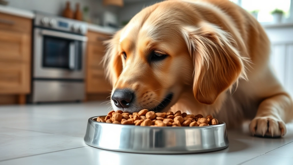 Golden Retriever eating from a stainless steel bowl filled with kibble, bright kitchen background, natural lighting
