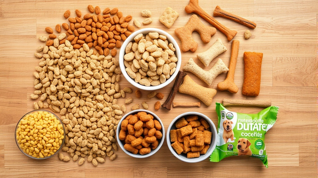 Overhead view of various dog food types arranged on wooden surface including kibble, wet food, and treats, no packaging visible