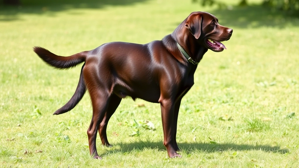 Adult Labrador Retriever with visible healthy body condition standing in profile, outdoor grassy setting with natural daylight