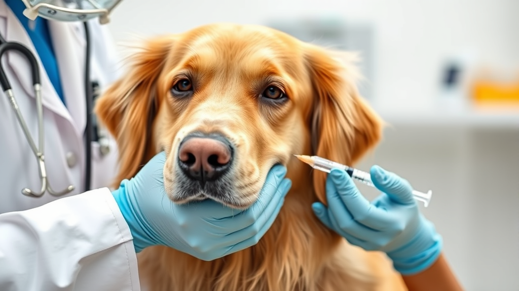 Veterinarian giving injection to golden retriever dog in bright clinic setting, no text no words no letters