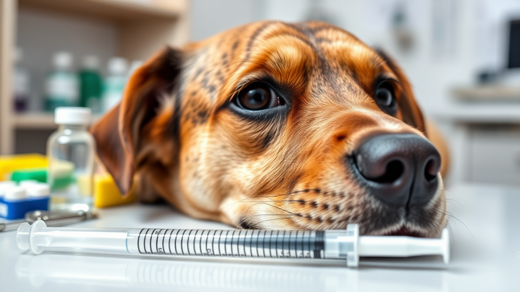 Close up of dog vaccination syringe and medical supplies on veterinary table, no text no words no letters