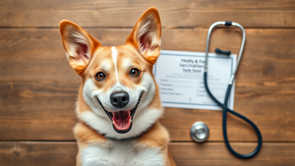 Happy healthy dog with vaccination certificate and stethoscope on wooden surface, no text no words no letters
