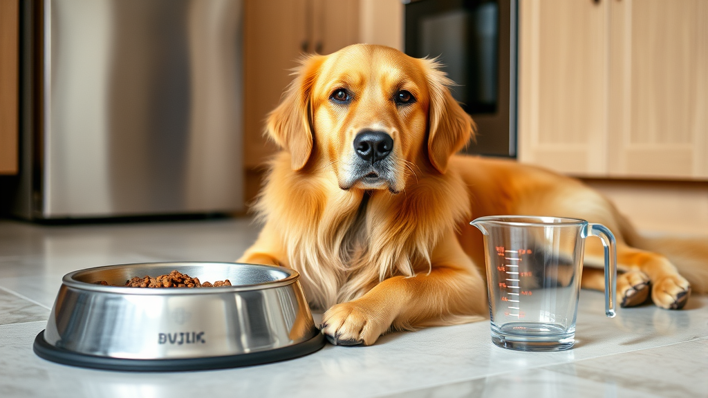 Golden retriever sitting next to food bowl and measuring cup on kitchen floor, no text no words no letters