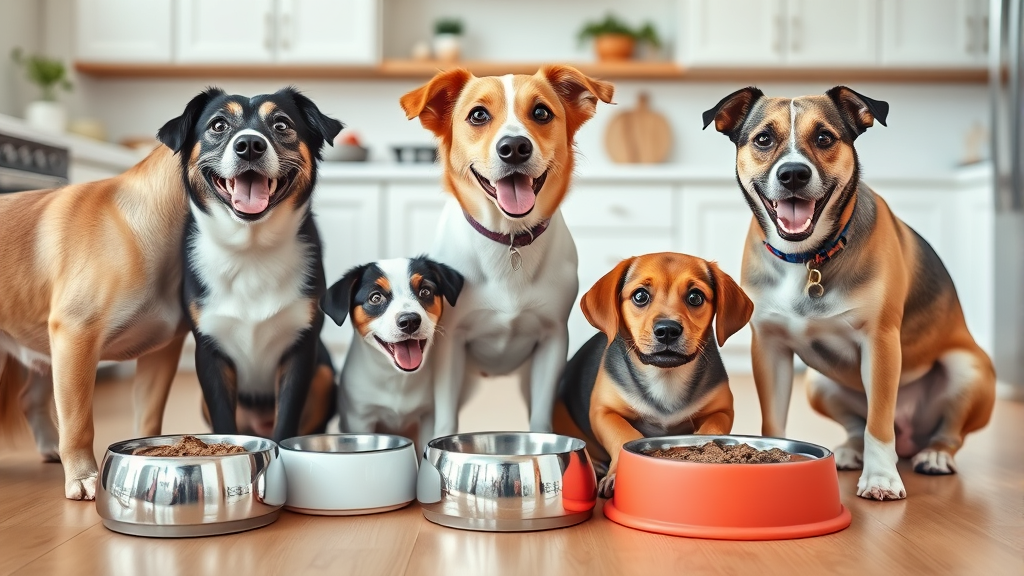Happy healthy dogs of different sizes eating from appropriately sized bowls in bright kitchen, no text no words no letters