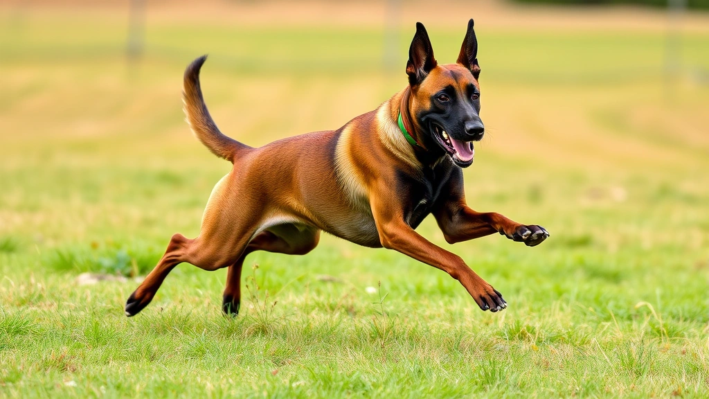 Adult Belgian Malinois in dynamic running pose through field, muscular build, focused expression, action shot