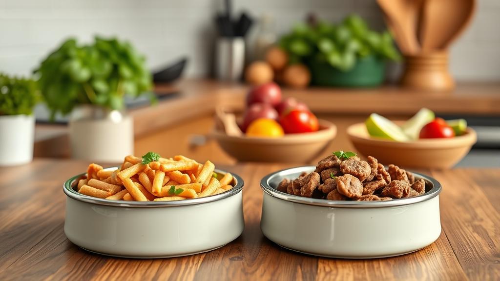 Fresh dog food bowls with healthy ingredients on kitchen counter no text no words no letters