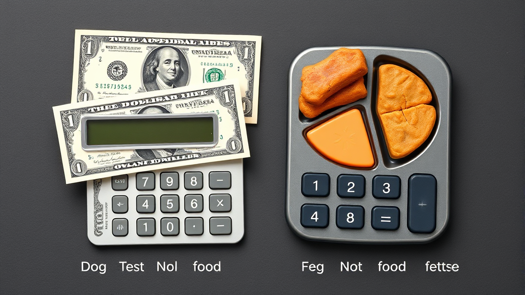 Calculator with dollar bills and dog food portions comparison chart no text no words no letters